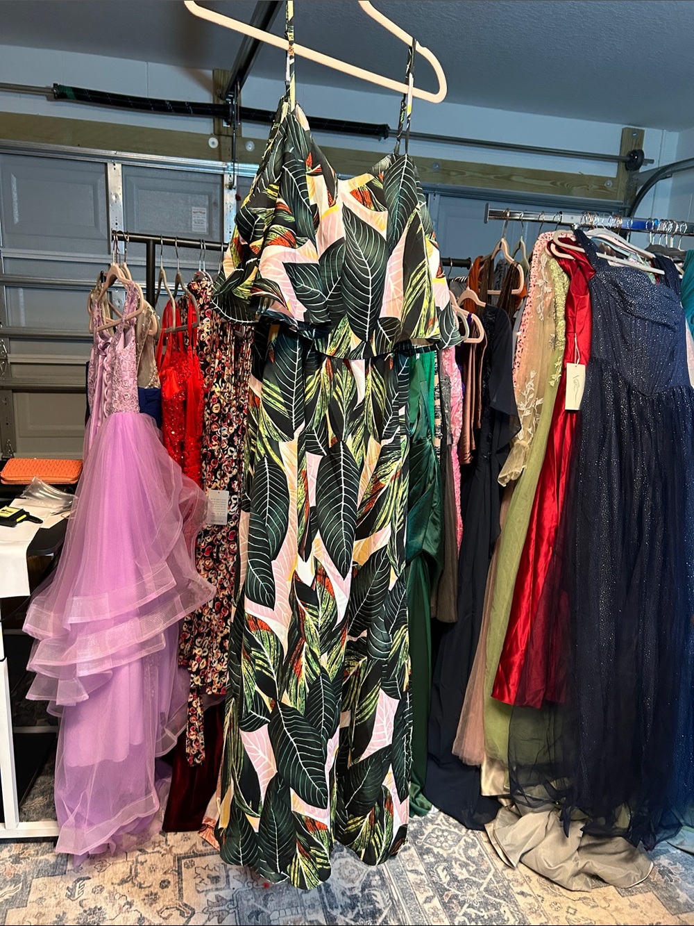 BloomChic Tropical Leaf Ruffle Maxi Dress - Green & Pink